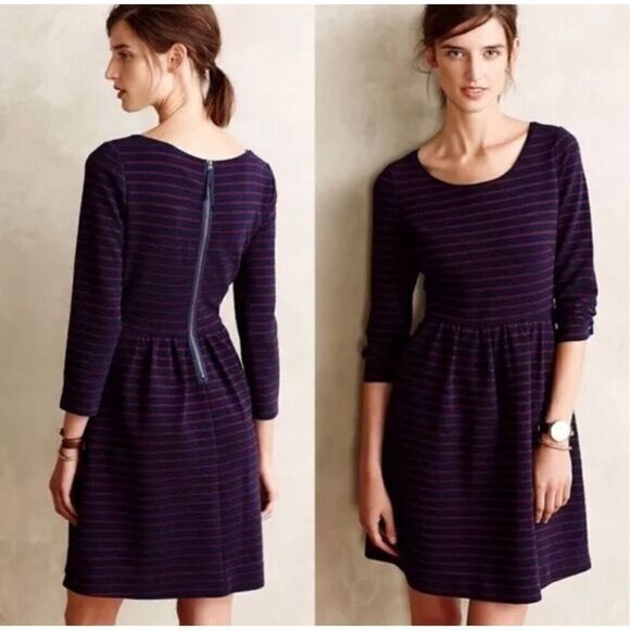 Maeve Anthropologie Brenna Navy Blue Red Maroon Textured Striped Dress Size 0 - Picture 1 of 11